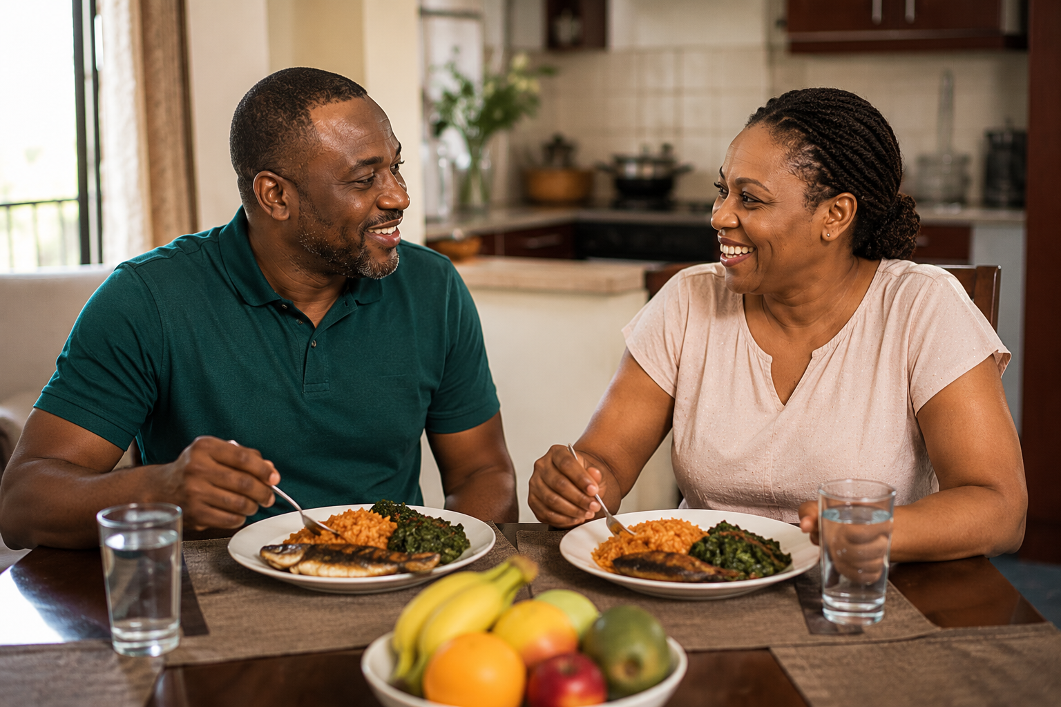 A healthy Nigerian couple enjoying a home-cooked balanced meal together